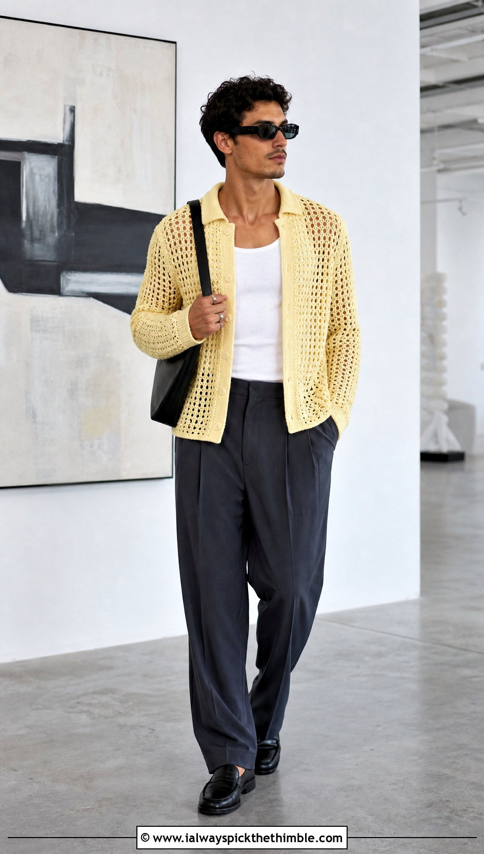 Open Mesh Crochet Sweater With Pleated Trousers - 25 crochet sweater for men outfit ideas
