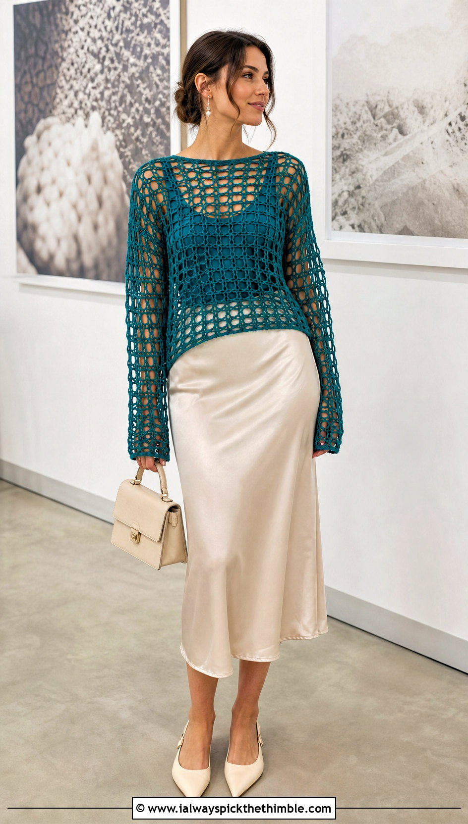 Open Mesh Crochet Sweater With Satin Midi Skirt - 20 crochet women sweater outfit ideas