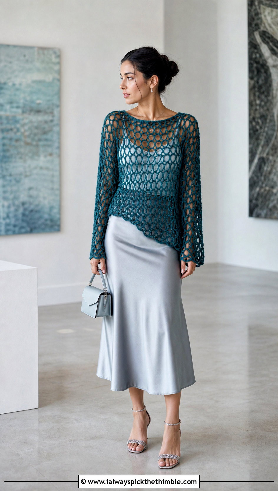 Open Mesh Crochet Sweater With Satin Midi Skirt - 20 cool crochet sweater outfit ideas