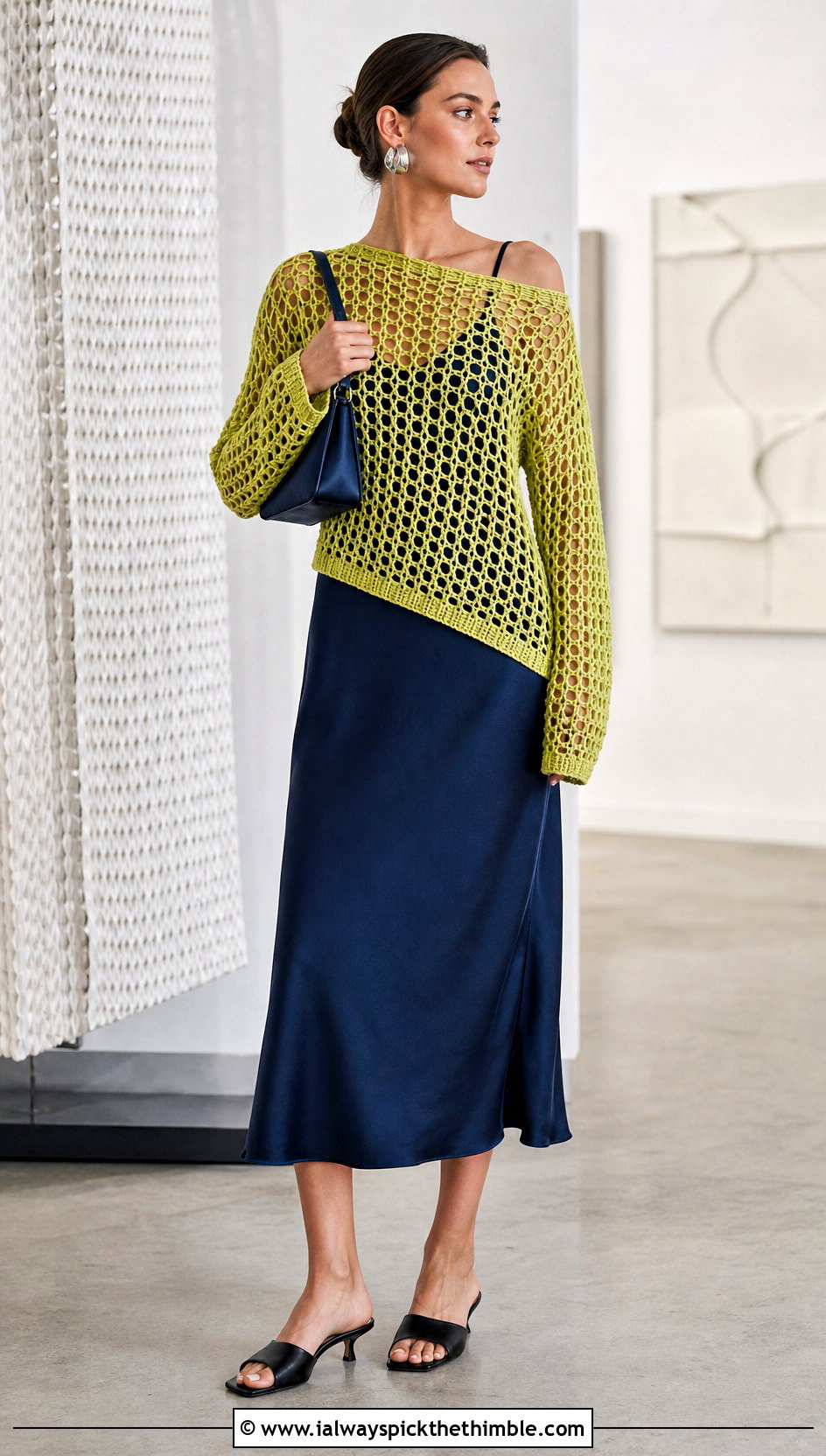 Open Mesh Crochet Sweater With Slip Dress - 15 Simple Crochet Sweater Design outfit ideas