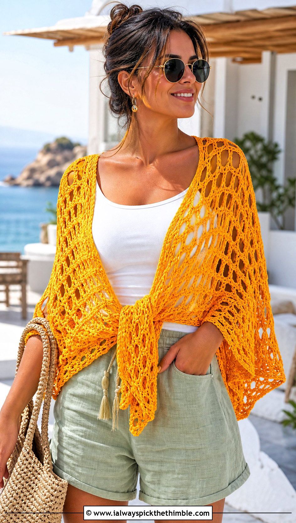 Open Mesh Crochet Wrap With Linen Set - 20 crochet shawl wrap outfit ideas