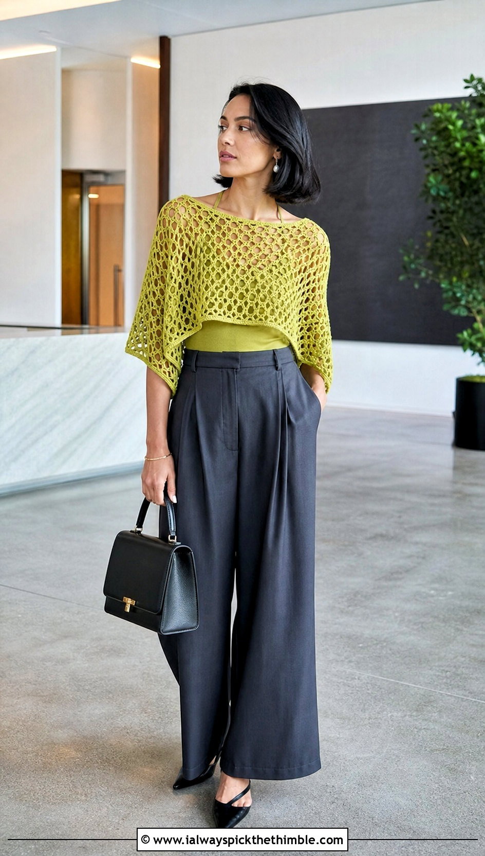 Open Mesh Cropped Crochet Poncho With Wide Leg Trousers - 20 Cropped Crochet Poncho outfit ideas