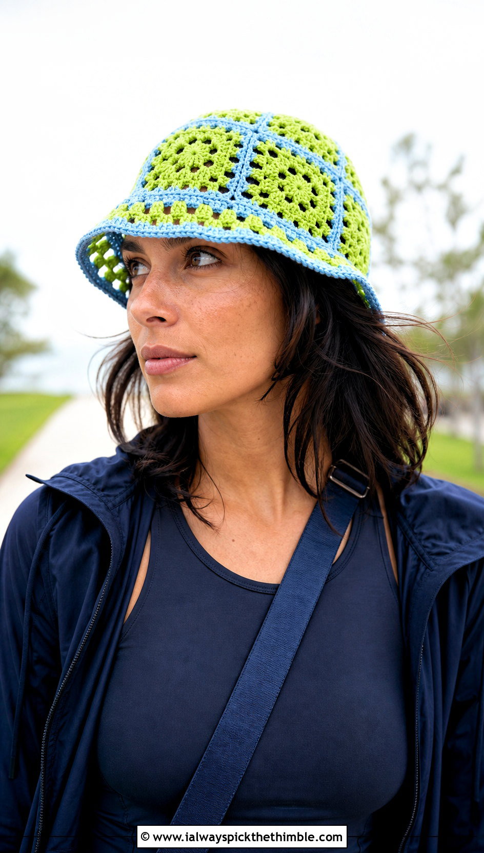 Open Mesh Granny Square Crochet Bucket Hat With Athleisure Set - 25 granny square crochet bucket hat outfit ideas