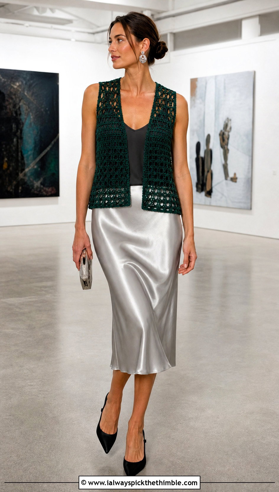 Open Mesh Green Crochet Vest With Satin Midi Skirt - 15 green crochet vest design outfit ideas