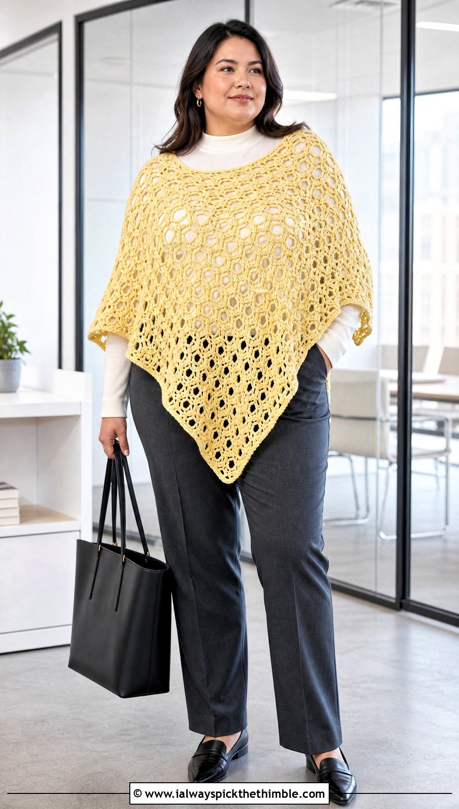 Open Mesh Hexagon Crochet Poncho With Tailored Trousers - 20 Hexagon Crochet Poncho outfit ideas