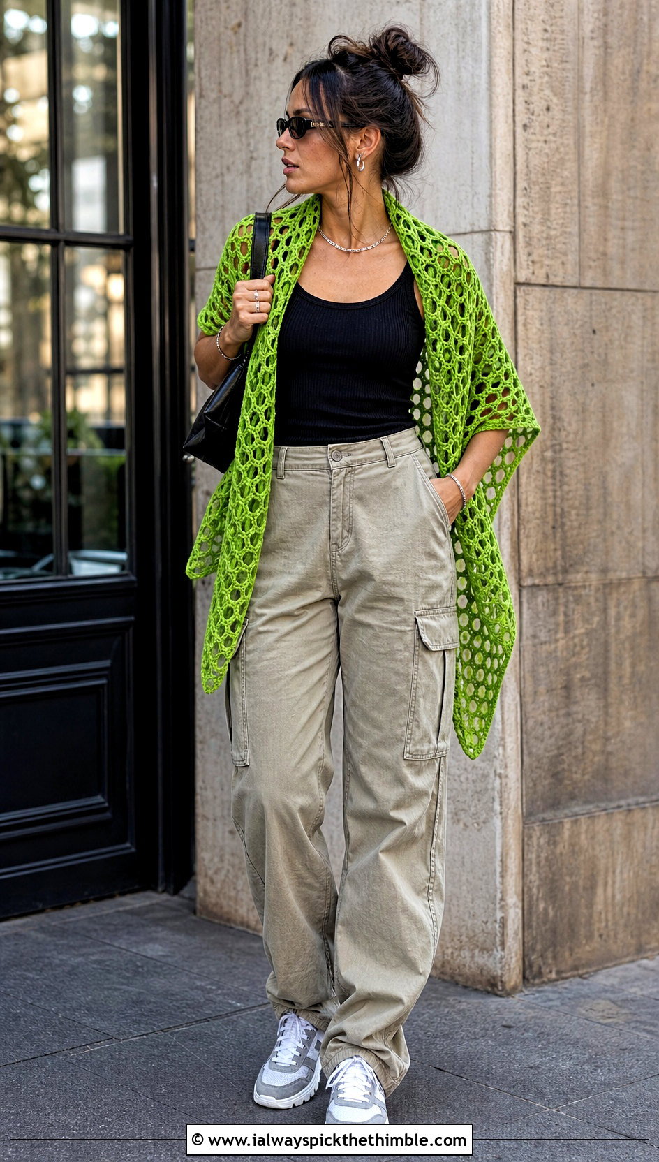 Open Mesh Hexagon Shawl With Cargo Pants - 20 Crochet Hexagon Shawl outfit ideas