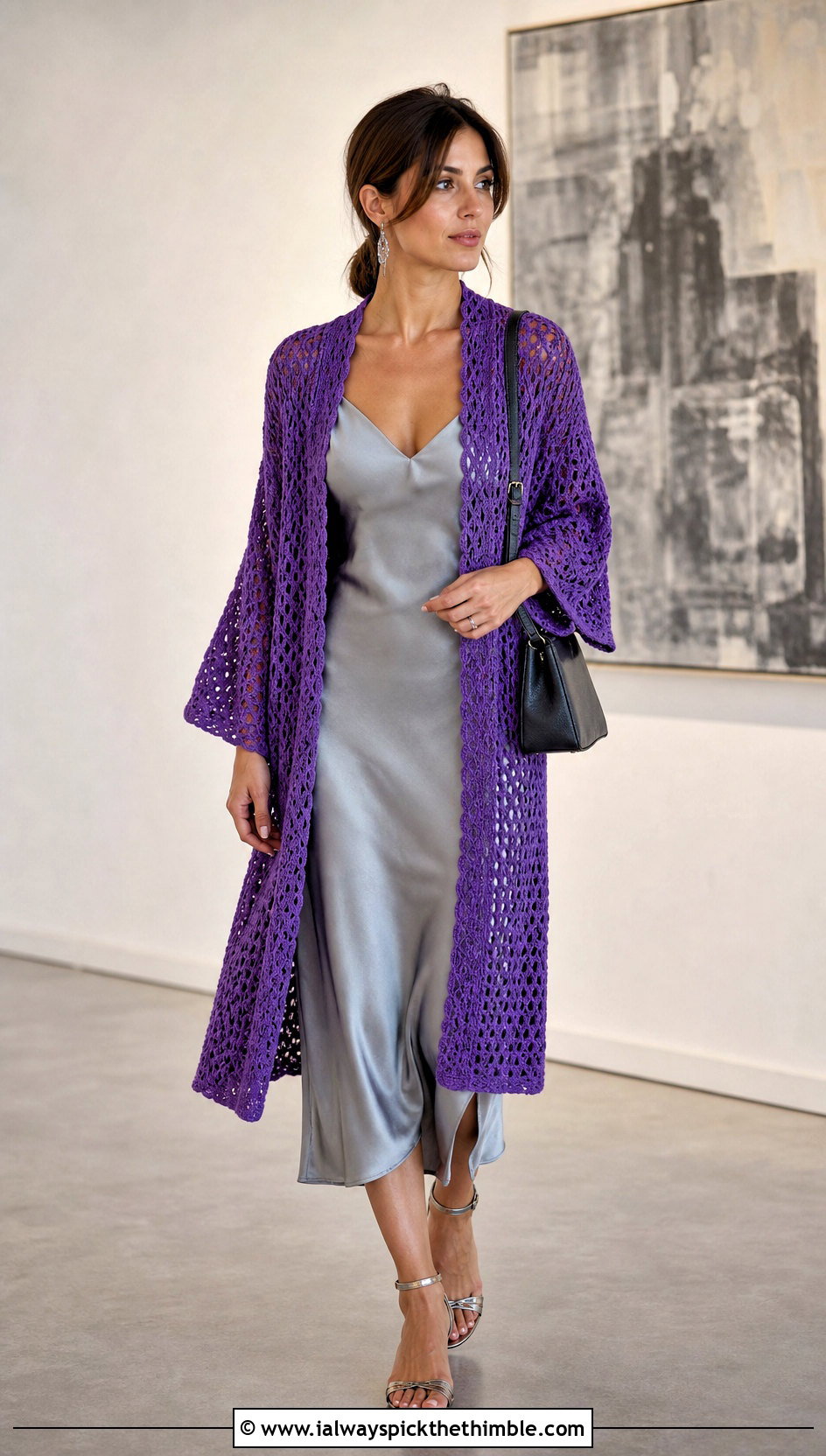 Open Mesh Kimono Crochet Cardigan With Satin Slip Dress - 20 kimono crochet cardigan outfit ideas