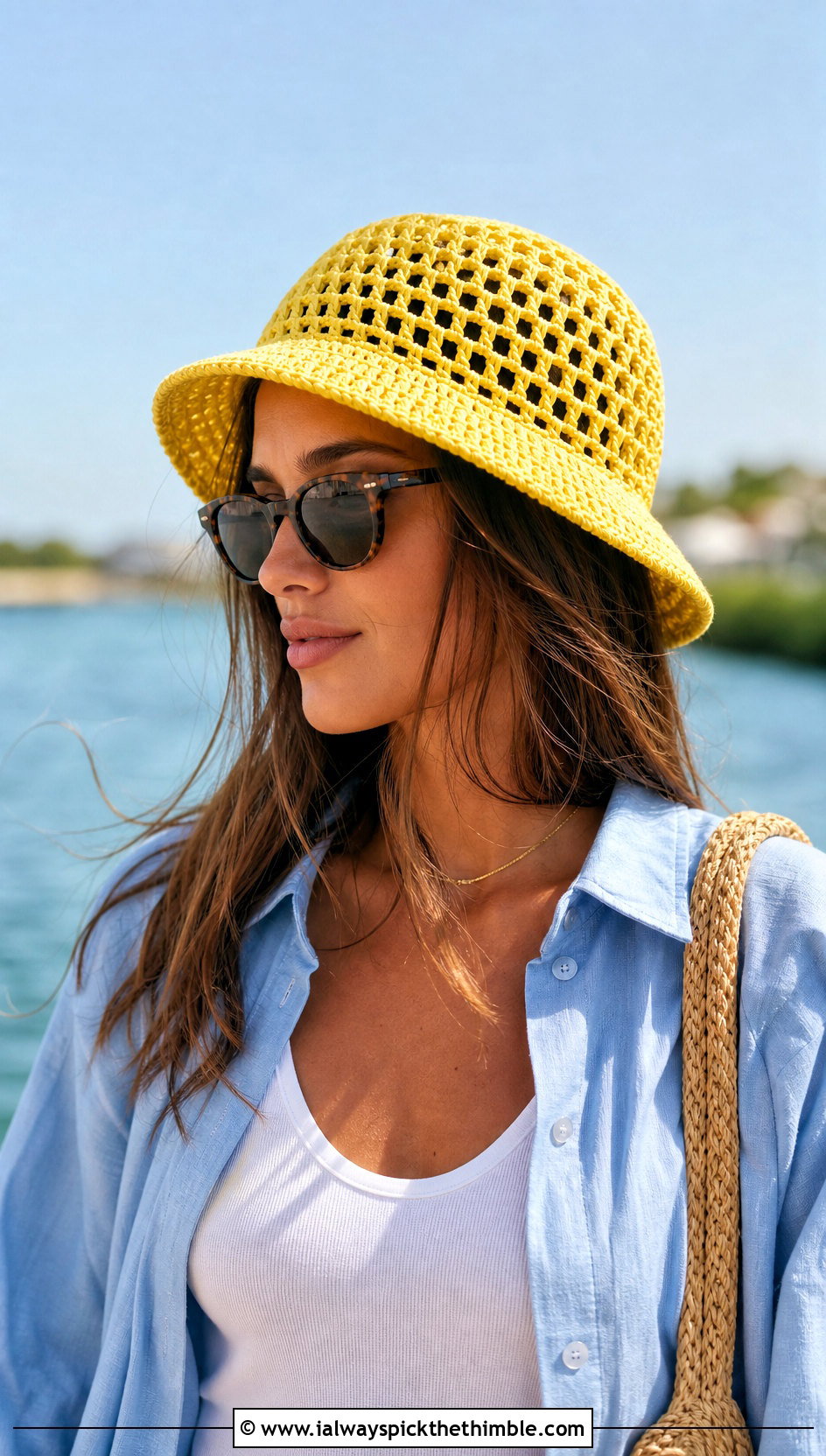 Open Mesh Lemon Bucket Hat With Linen Shirt And Shorts - 20 Lemon Crochet Bucket Hat outfit ideas