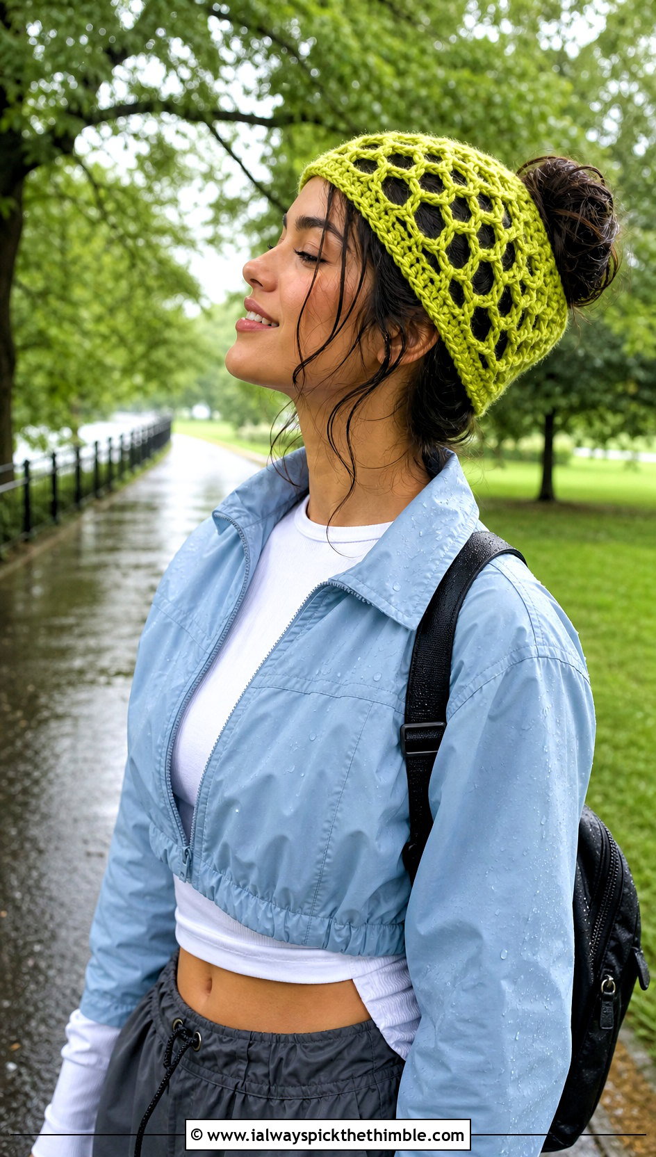Open Mesh Messy Bun Crochet Hat With Rain Jacket - 25 crochet messy bun hat outfit ideas