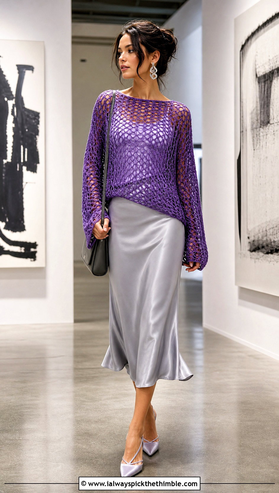 Open Mesh Purple Crochet Sweater With Satin Midi Skirt - 20 Crochet Purple Sweater outfit ideas