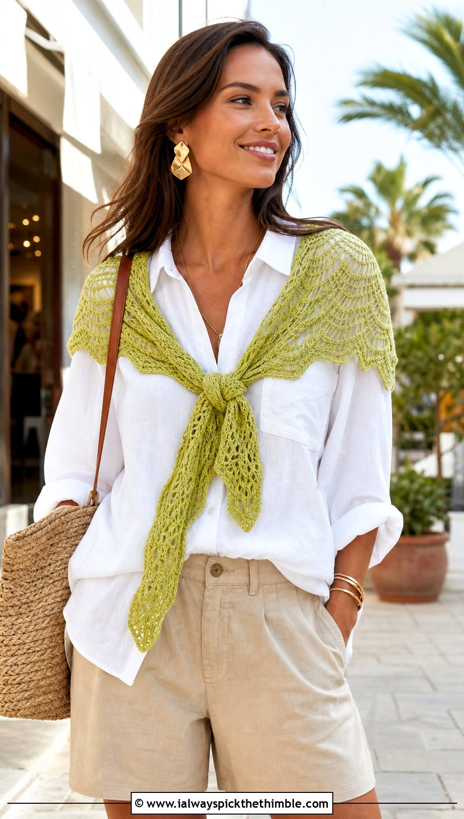 Open Mesh Ripple Crochet Scarf With Button Down and Bermuda Shorts - 20 wavy crochet scarf outfit ideas