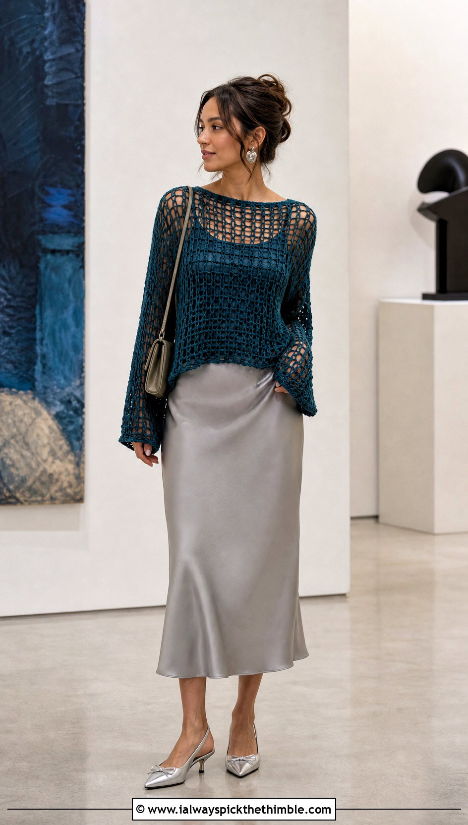 Open Mesh Soft Crochet Sweater With Satin Midi Skirt - 15 Soft Crochet Sweater outfit ideas
