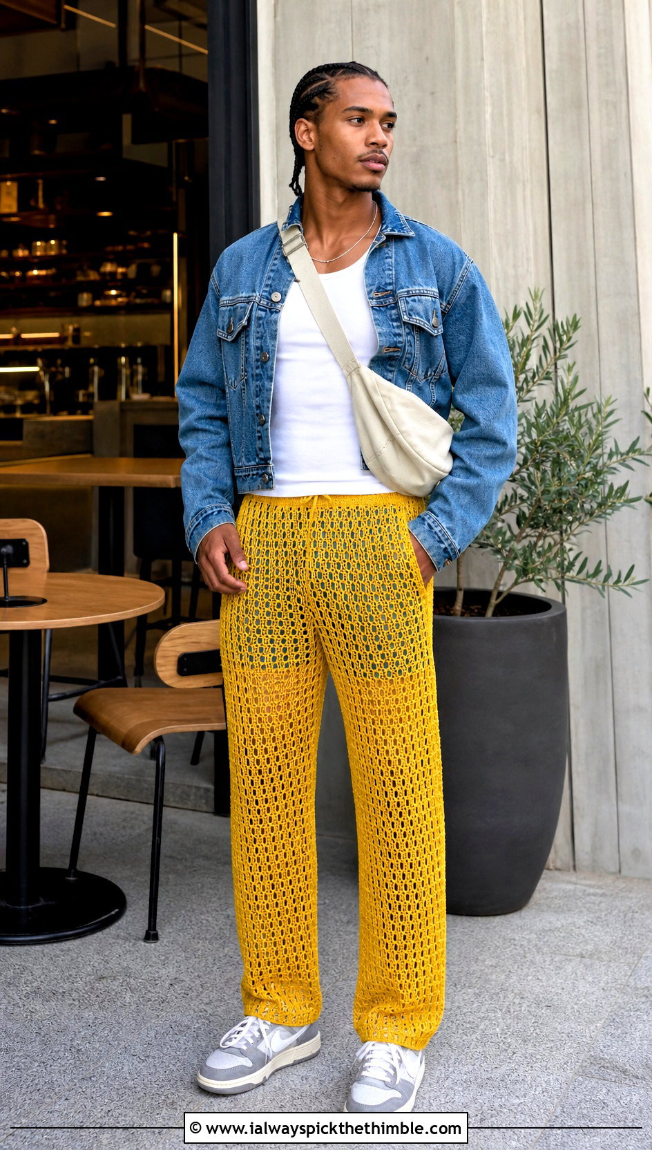 Open Mesh Straight Leg Crochet Pants With Denim Jacket - 20 mens crochet pants outfit ideas