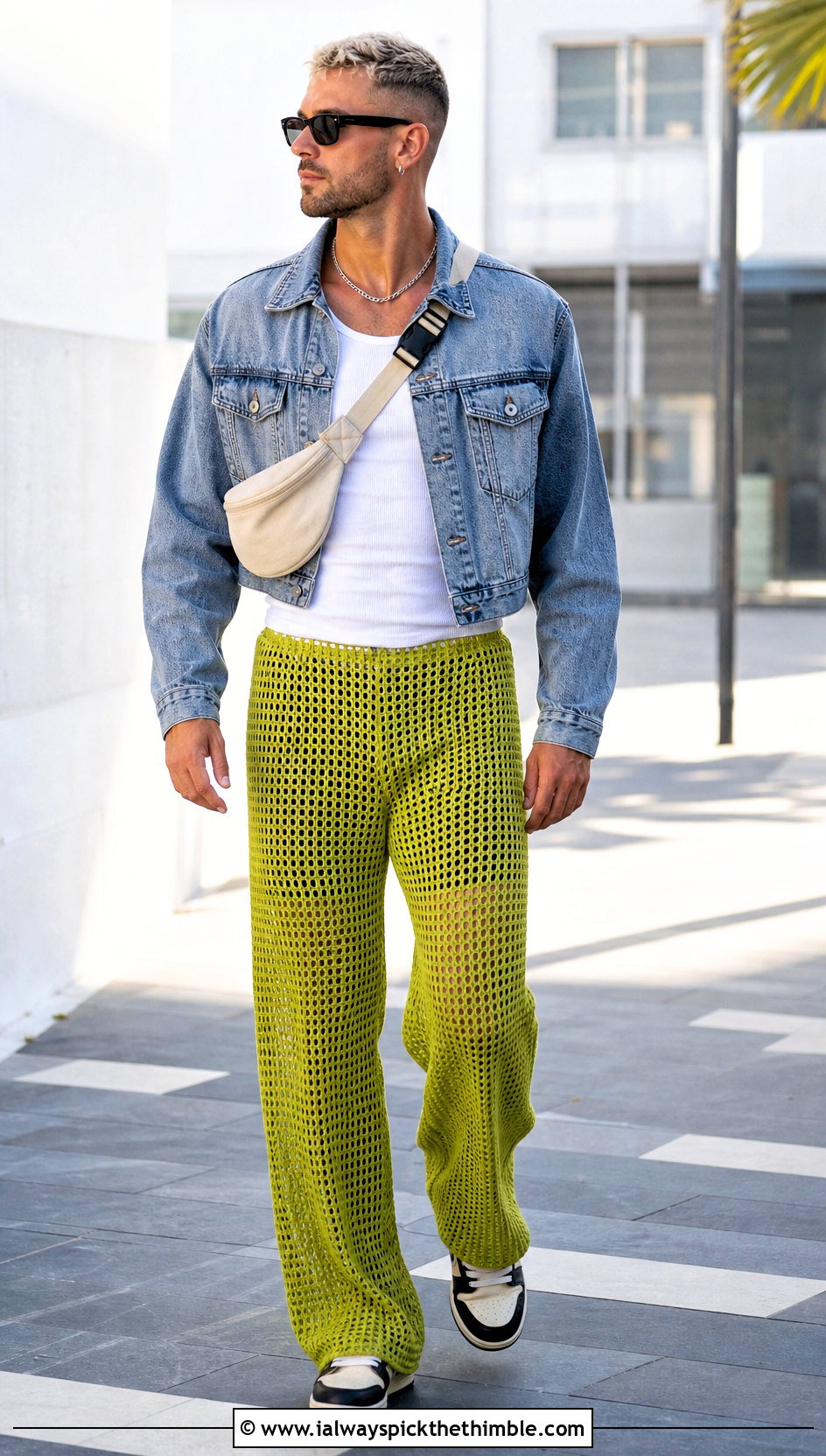 Open Mesh Straight Leg Crochet Pants With Denim Jacket - 15 crochet men pants outfit ideas
