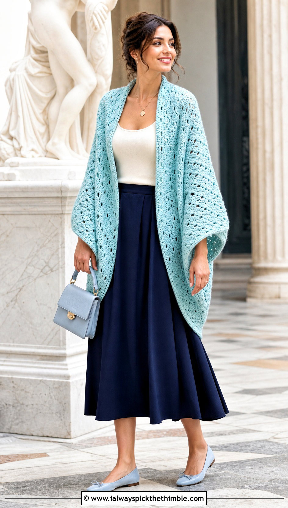 Open Shell Cocoon Crochet Cardigan With Midi Skirt - 20 Cocoon Crochet Cardigan outfit ideas