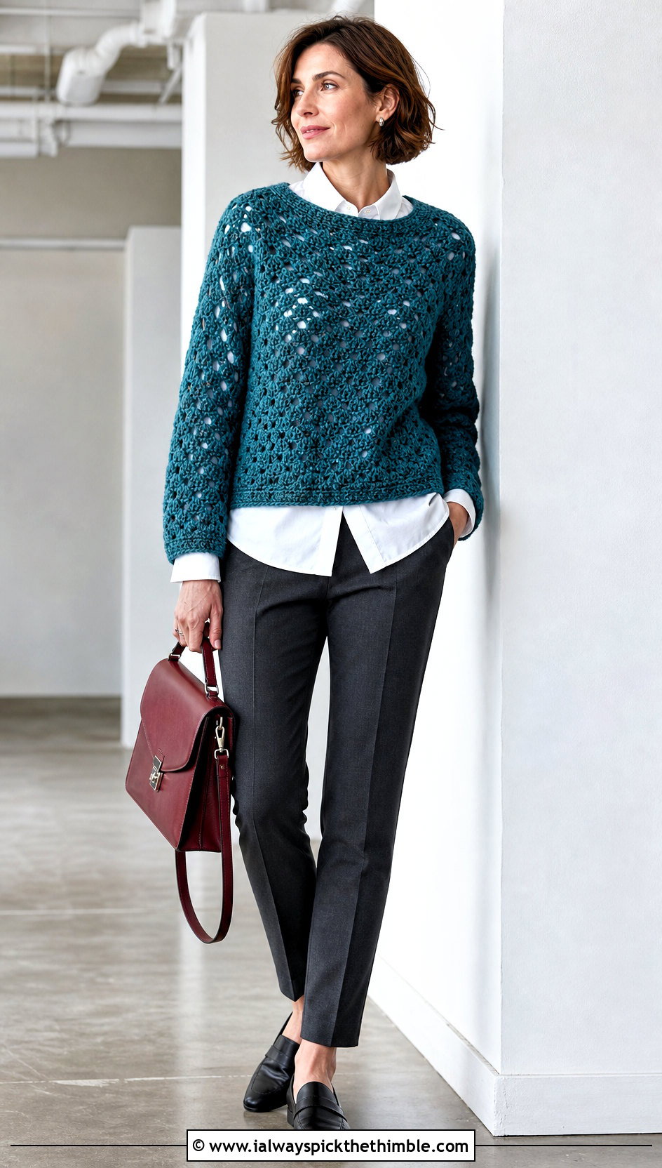Open Shell Stitch Crochet Sweater With Button Down Shirt - 20 Shell Stitch Crochet Sweater outfit ideas