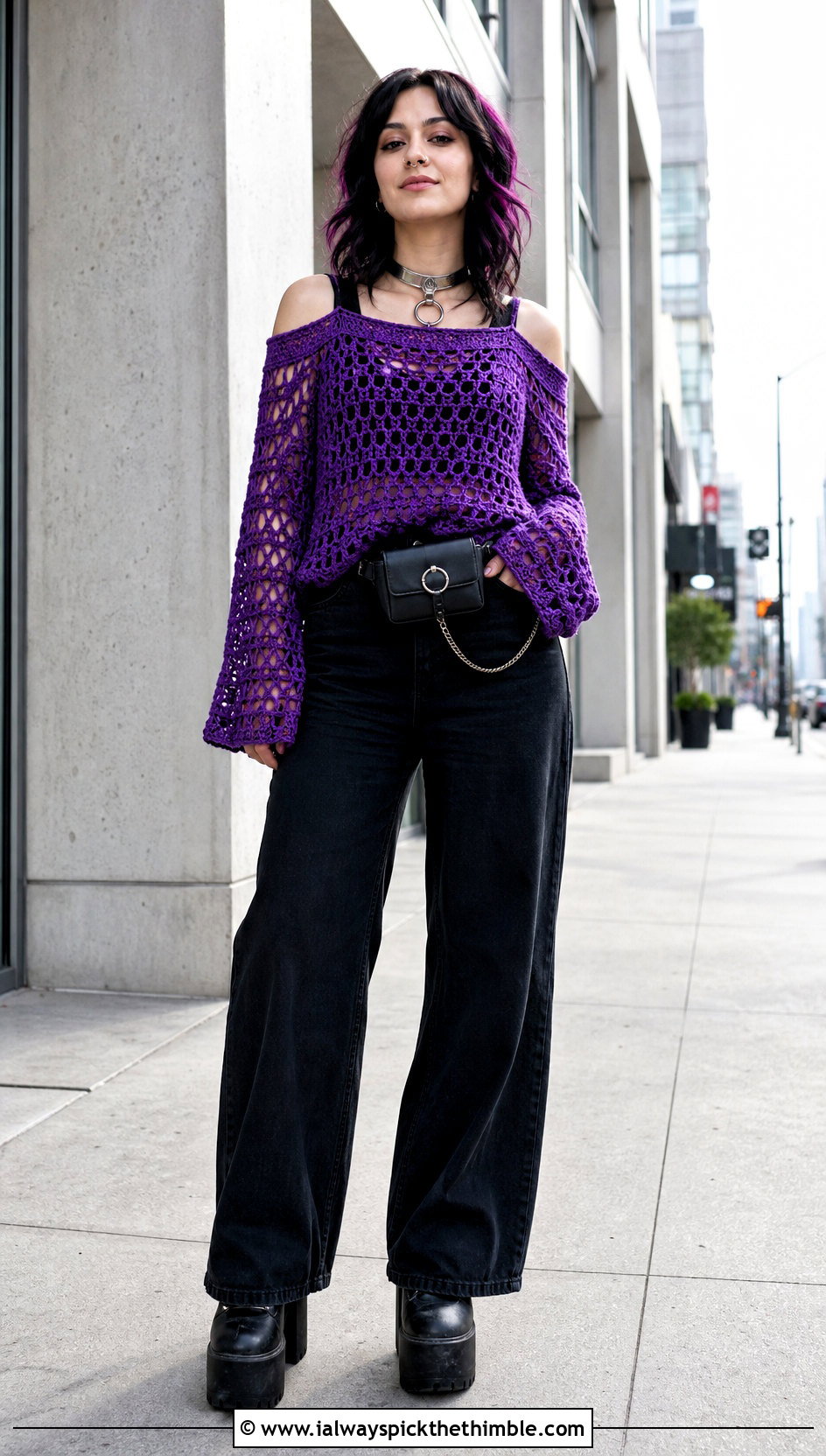 Open Shoulder Crochet Sweater With Wide Leg Jeans - 20 goth crochet sweater outfit ideas