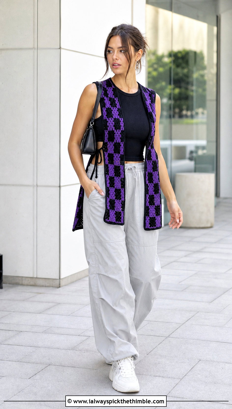Open Side Checkered Crochet Vest With Parachute Pants - 20 checkered crochet vest outfit ideas