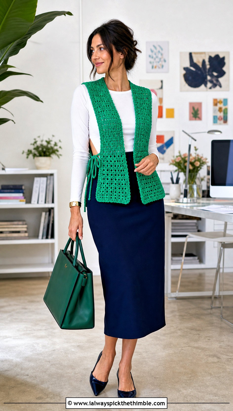 Open Side Crochet Waistcoat With Pencil Skirt - 25 crochet waistcoat outfit ideas