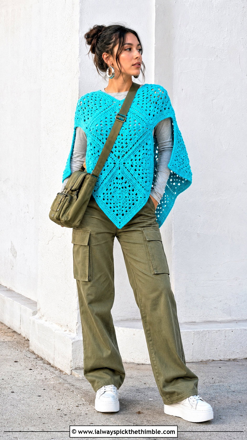 Open Side Granny Square Poncho With Cargo Pants - 25 granny square poncho outfit ideas