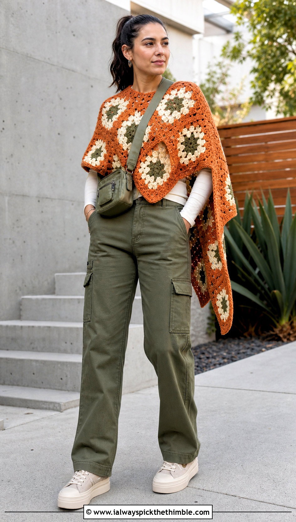 Open Side Granny Square Poncho With Cargo Pants - 25 crochet granny square poncho outfit ideas