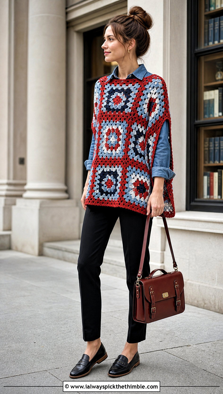 Open Side Granny Square Poncho With Denim Shirt - 20 Granny Squares Poncho outfit ideas