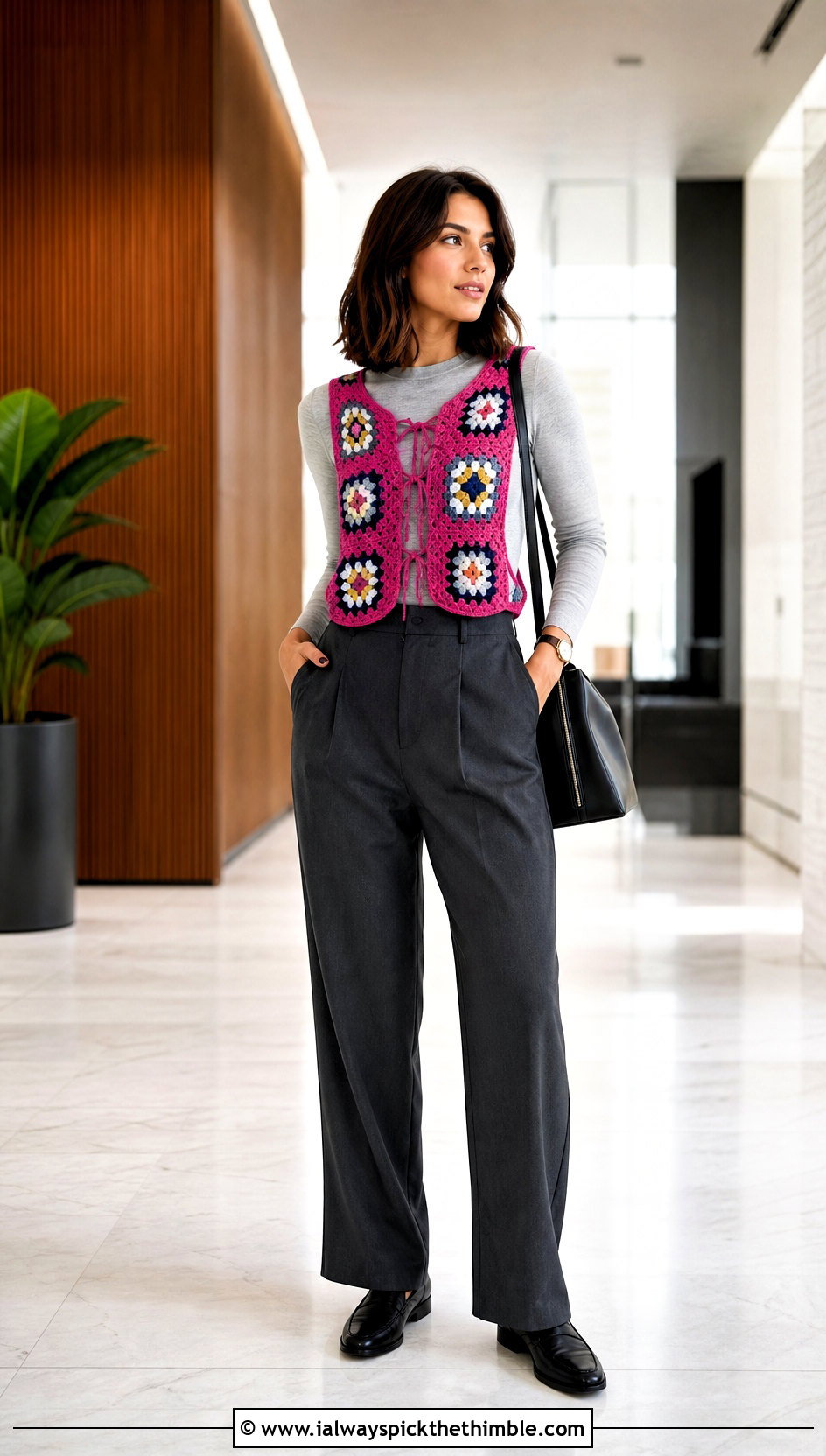 Open Side Granny Square Vest Top With Tailored Trousers - 25 granny square summer top outfit ideas