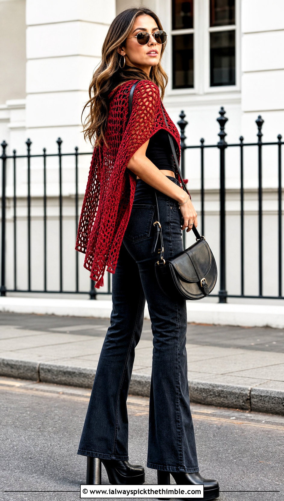 Open Side Mesh Crochet Poncho With Flared Jeans - 20 Mesh Crochet Poncho outfit ideas