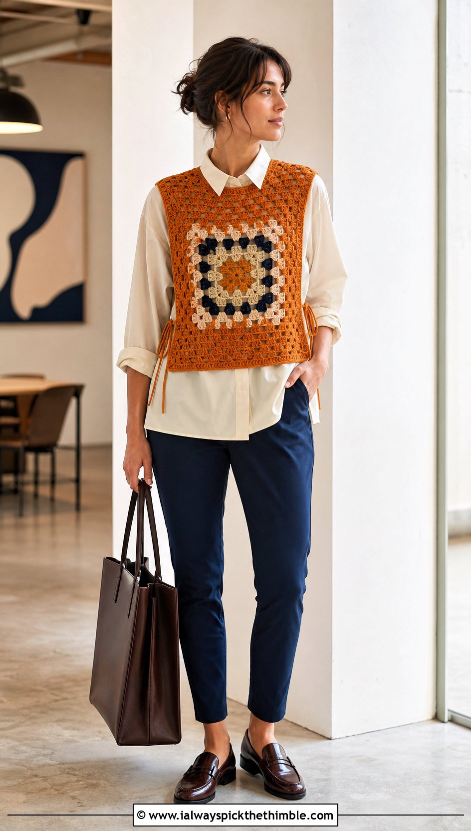 Open Side Single Granny Square Top With Poplin Shirt - 20 single granny square top outfit ideas
