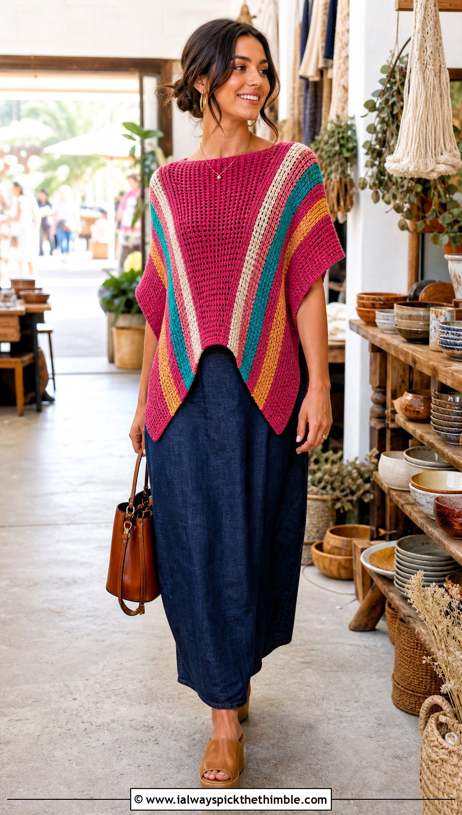 Open Side Striped Tunisian Poncho With Denim Maxi Dress - 20 tunisian crochet poncho outfit ideas