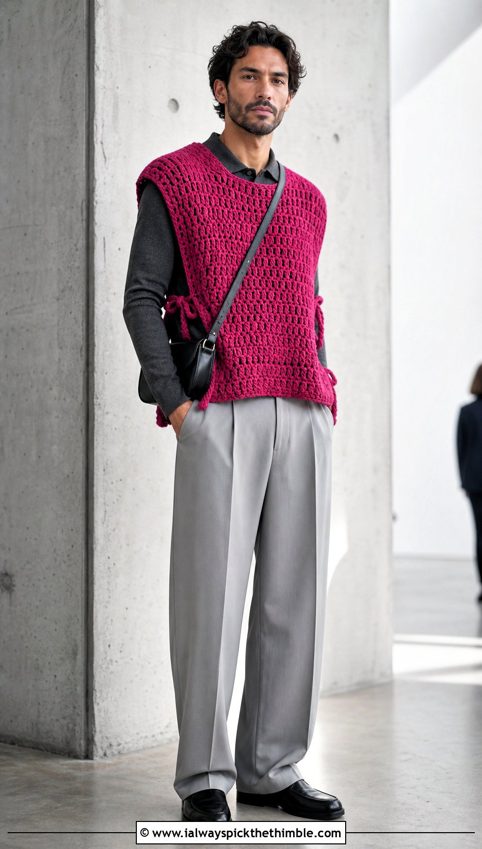 Open Side Tabard Crochet Poncho With Pleated Pants - 20 crochet men's poncho outfit ideas
