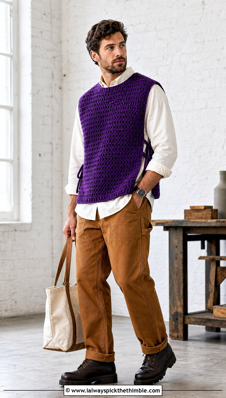 Open Side Tabard Mens Crochet Vest With Workwear Pants - 20 men's crochet vest outfit ideas