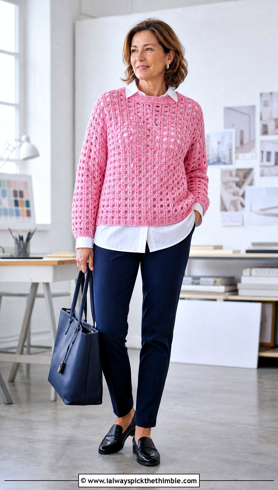 Open Stitch Azel Crochet Pullover With Poplin Shirt And Cigarette Pants - 20 azel crochet pullover outfit ideas