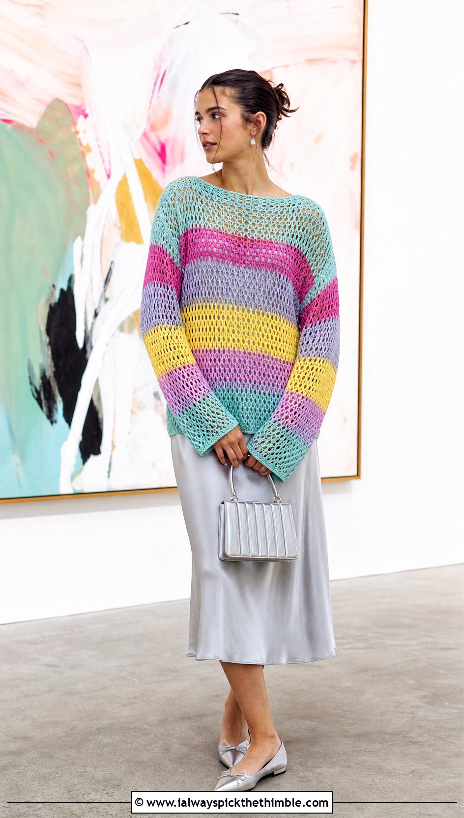 Open Stitch Boatneck Rainbow Crochet Sweater Over A Slip Dress - 15 rainbow striped crochet sweater outfit ideas