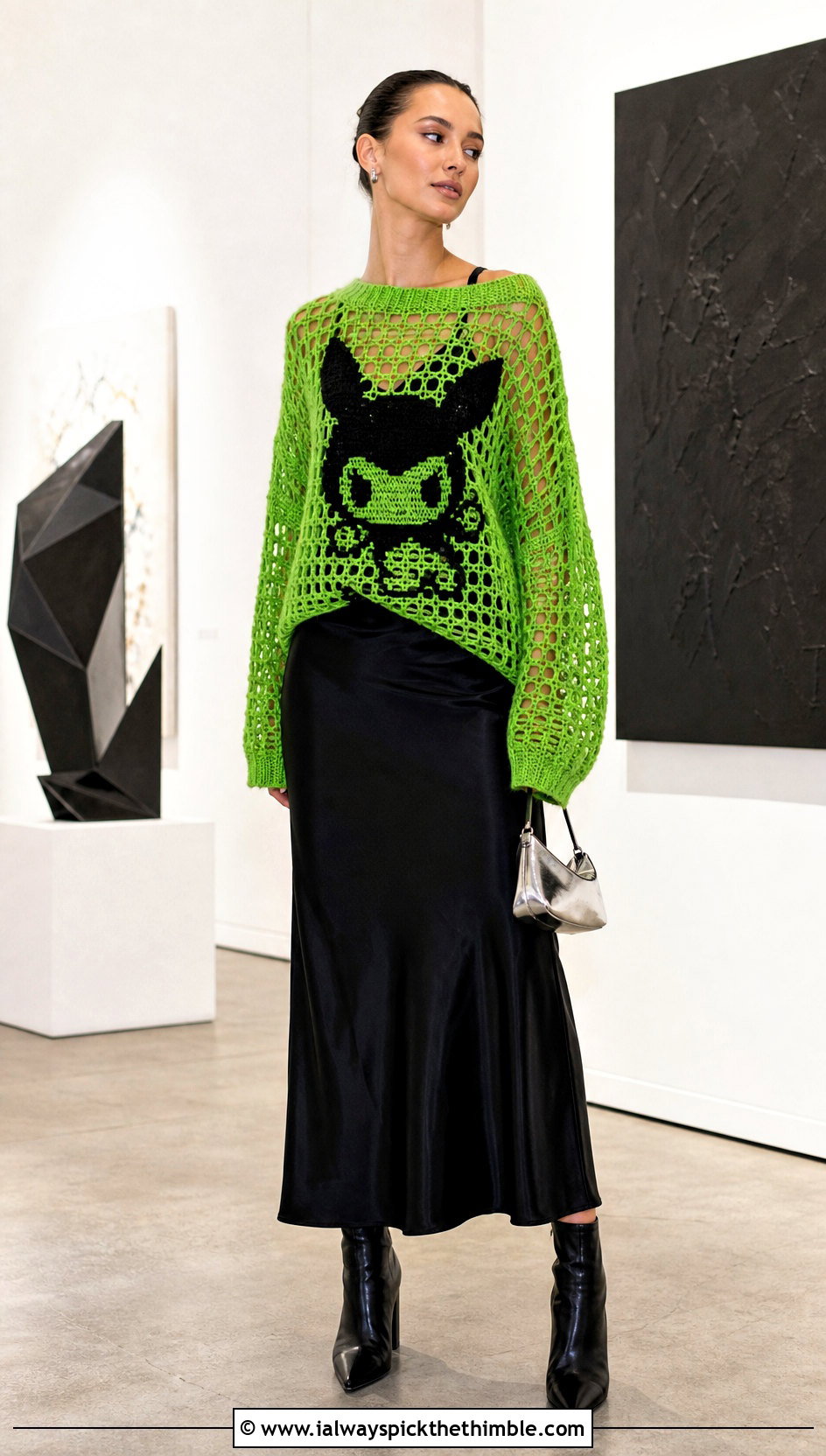 Open Stitch Character Sweater With Slip Dress - 20 Crochet Character Sweater outfit ideas