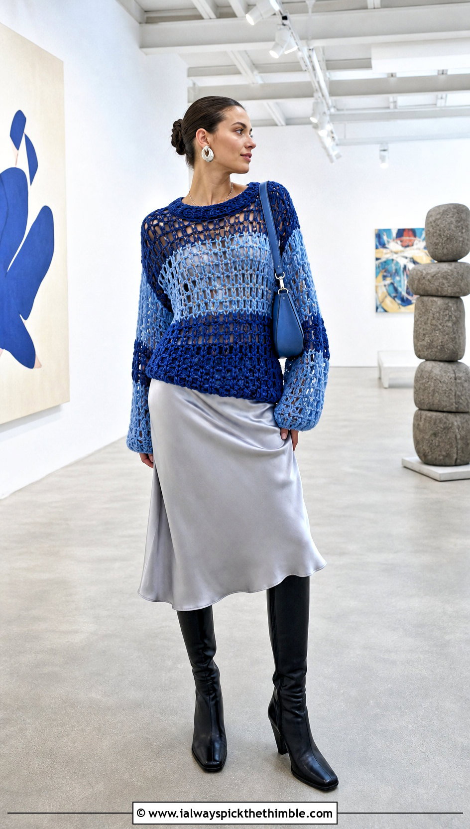Open Stitch Chunky Crochet Sweater Over A Slip Dress - 20 Chunky Crochet Sweaters outfit ideas