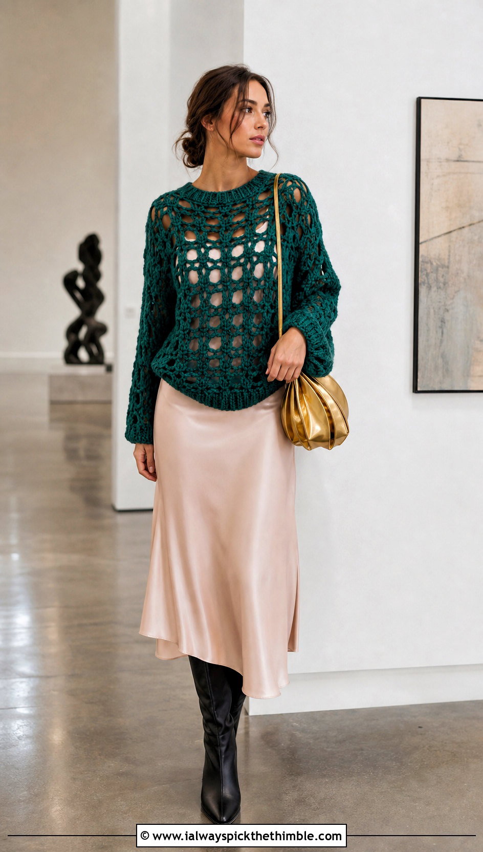 Open Stitch Chunky Crochet Sweater With Slip Dress - 25 chunky crochet sweater outfit ideas