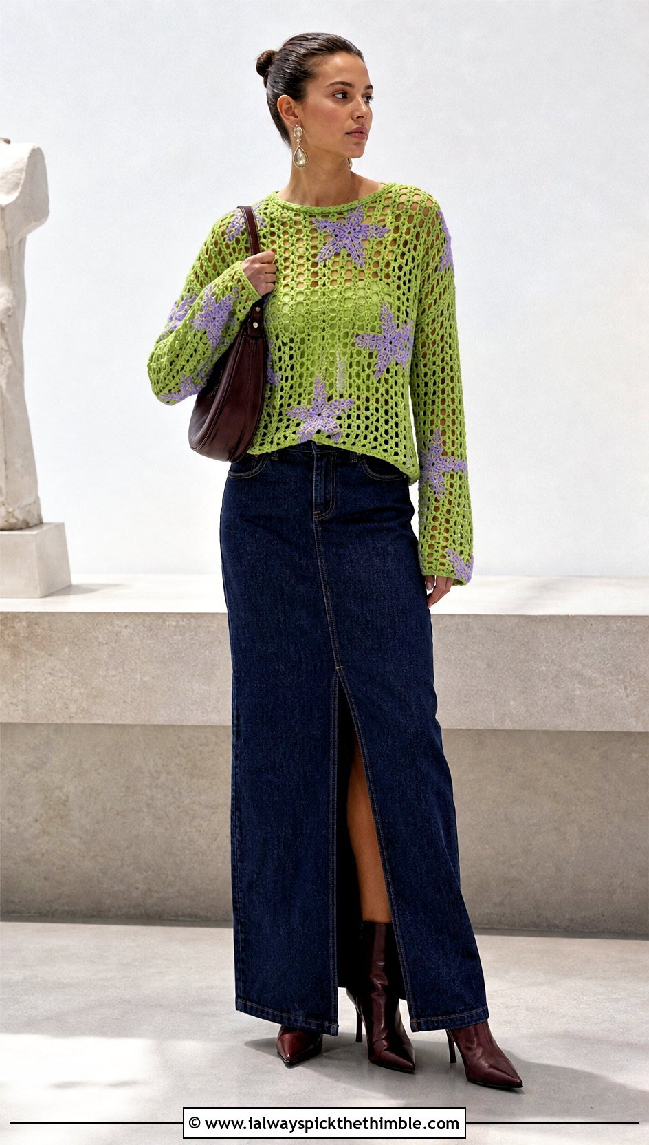 Open Stitch Coraline Star Crochet Sweater With Denim Maxi Skirt - 20 Coraline Star Crochet Sweater outfit ideas