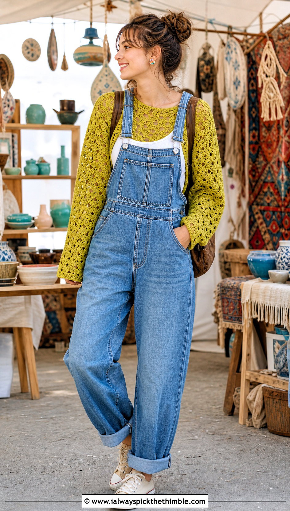 Open Stitch Coraline Star Crochet Sweater With Denim Overalls - 20 coraline crochet sweater outfit ideas