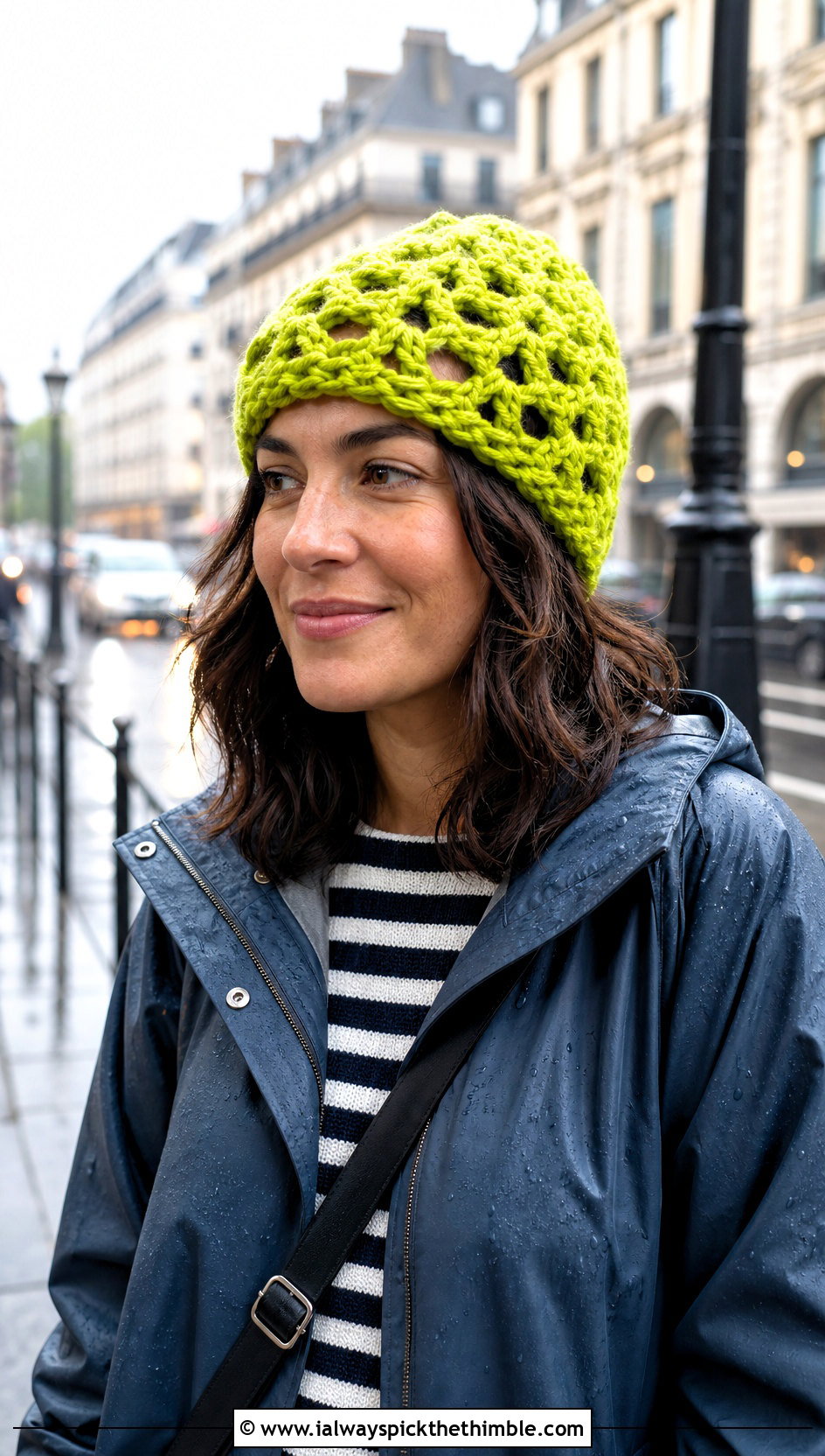 Open Stitch Crochet Beanie With Raincoat And Waterproof Boots - 20 bulky yarn crochet beanie outfit ideas