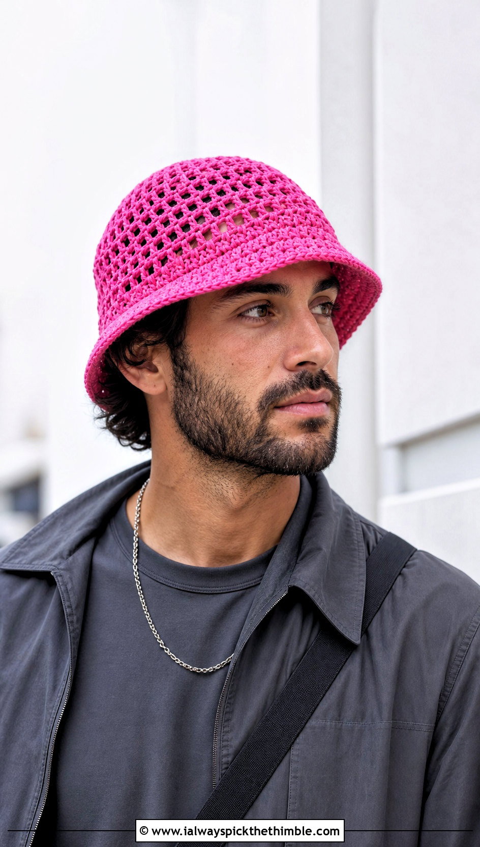 Open Stitch Crochet Bucket Hat With Monochrome Outfit - 20 crocheted mens hats outfit ideas