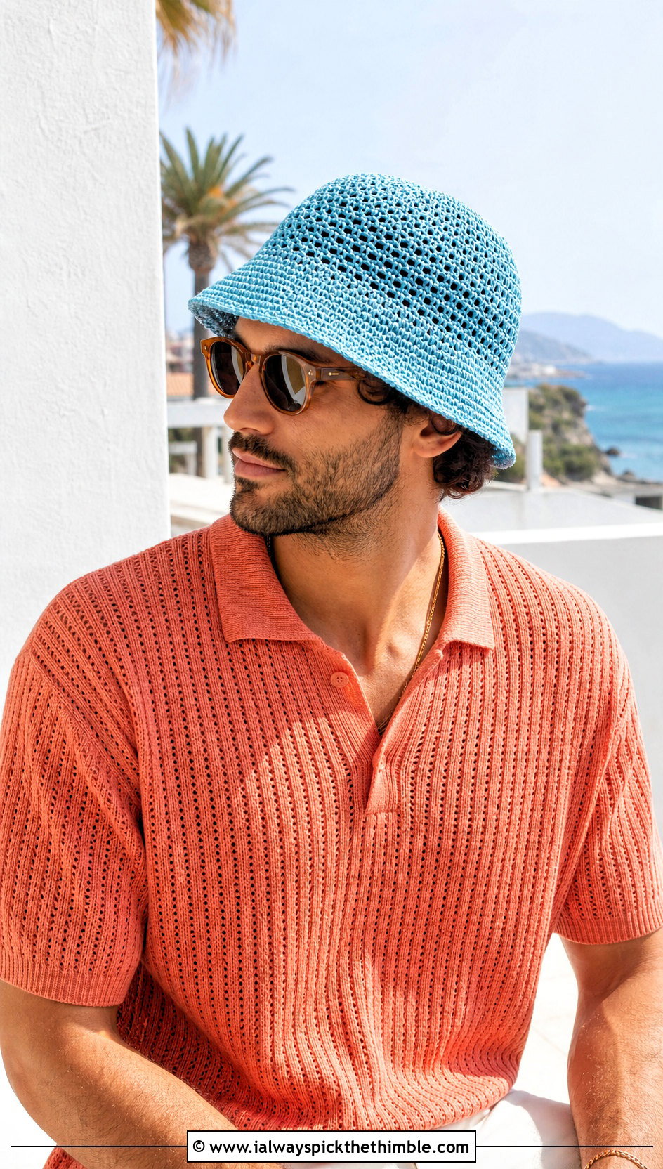Open Stitch Crochet Bucket Hat With Polo Shirt - 25 men's crochet hat outfit ideas