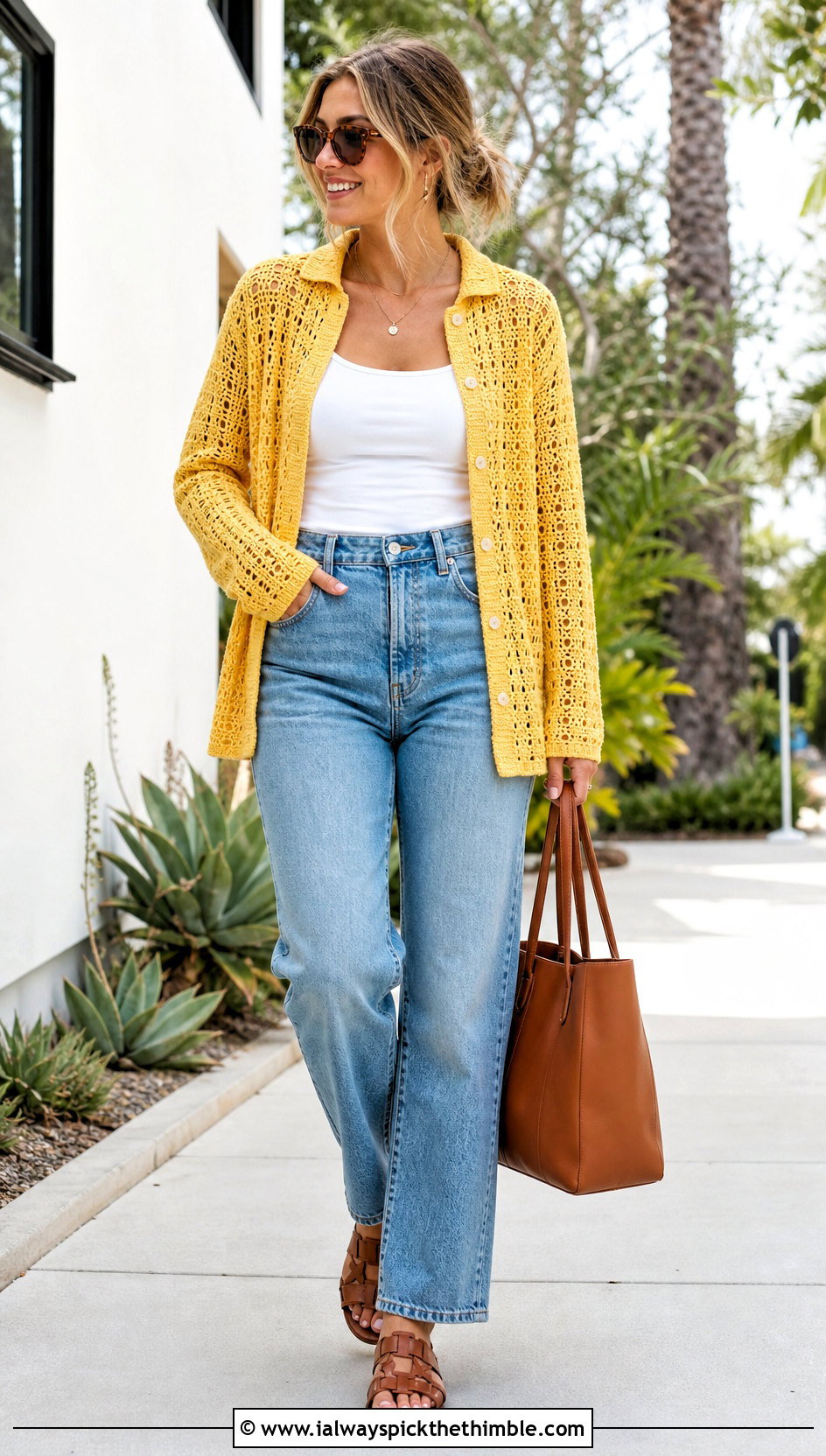 Open Stitch Crochet Button Up Shirt With Straight Leg Jeans - 15 Crochet Shirt Sweaters & Cardigans outfit ideas