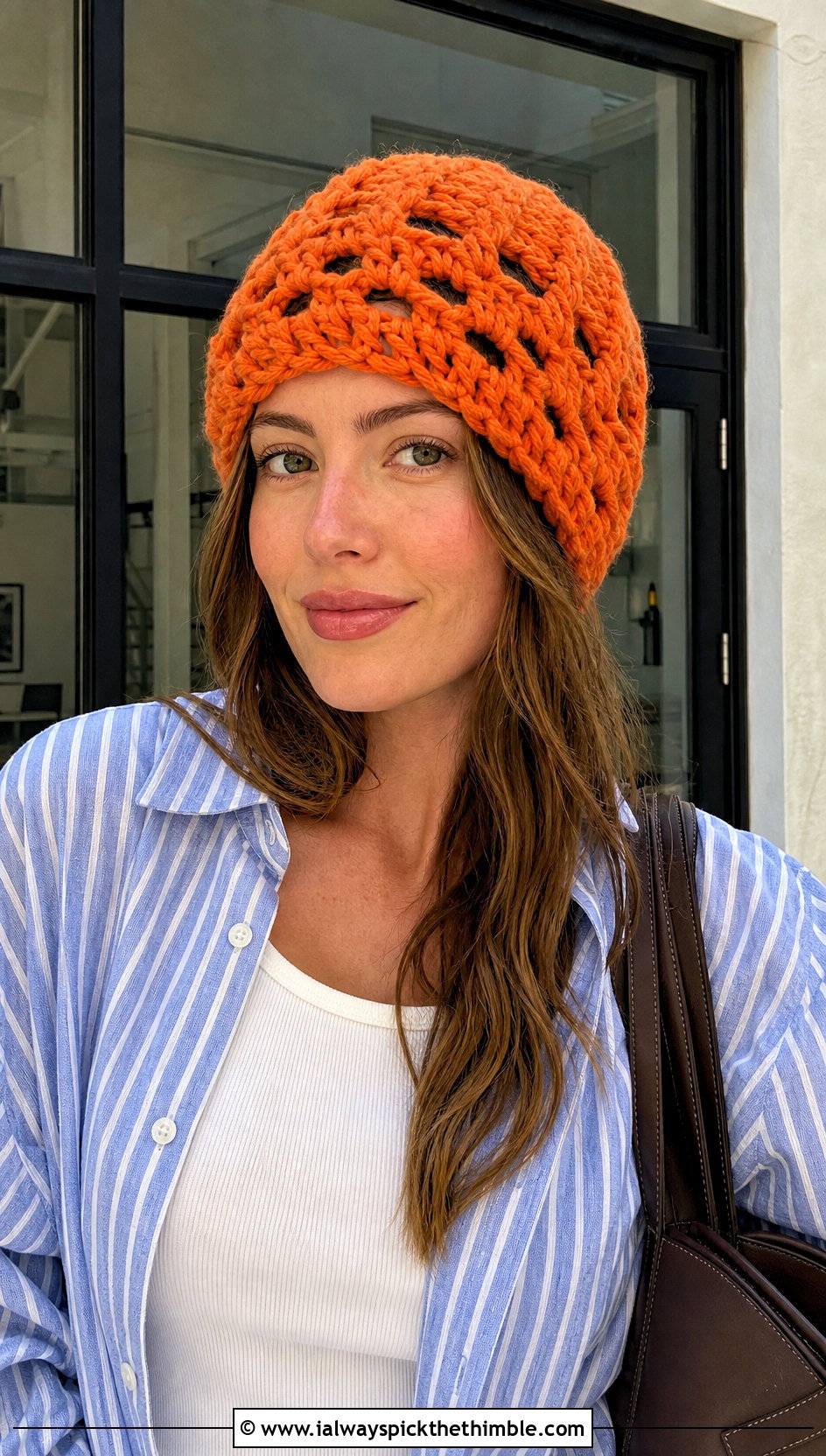 Open Stitch Crochet Chunky Beanie With Button Down And Barrel Pants - 25 crochet chunky beanie outfit ideas