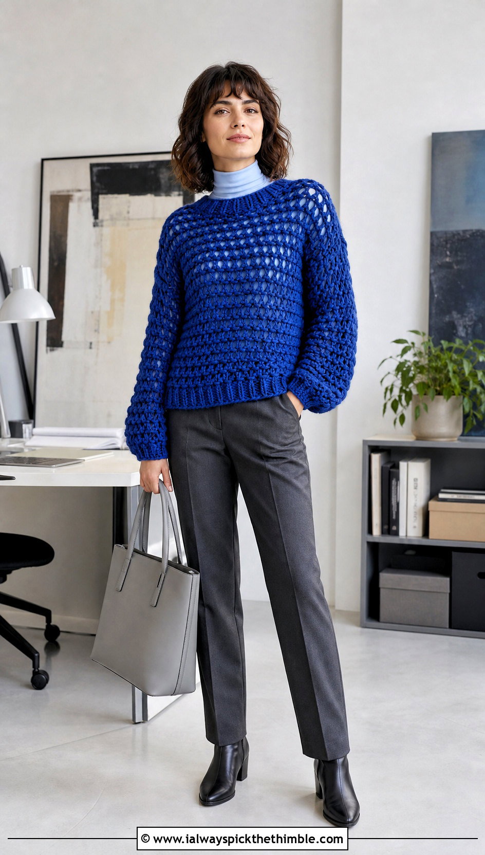 Open Stitch Crochet Chunky Sweater With Turtleneck And Trousers - 25 crochet chunky sweater outfit ideas