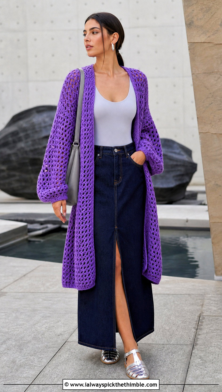 Open Stitch Crochet Cocoon Cardigan With Denim Maxi Skirt - 15 Easy Crochet Cocoon Cardigan outfit ideas