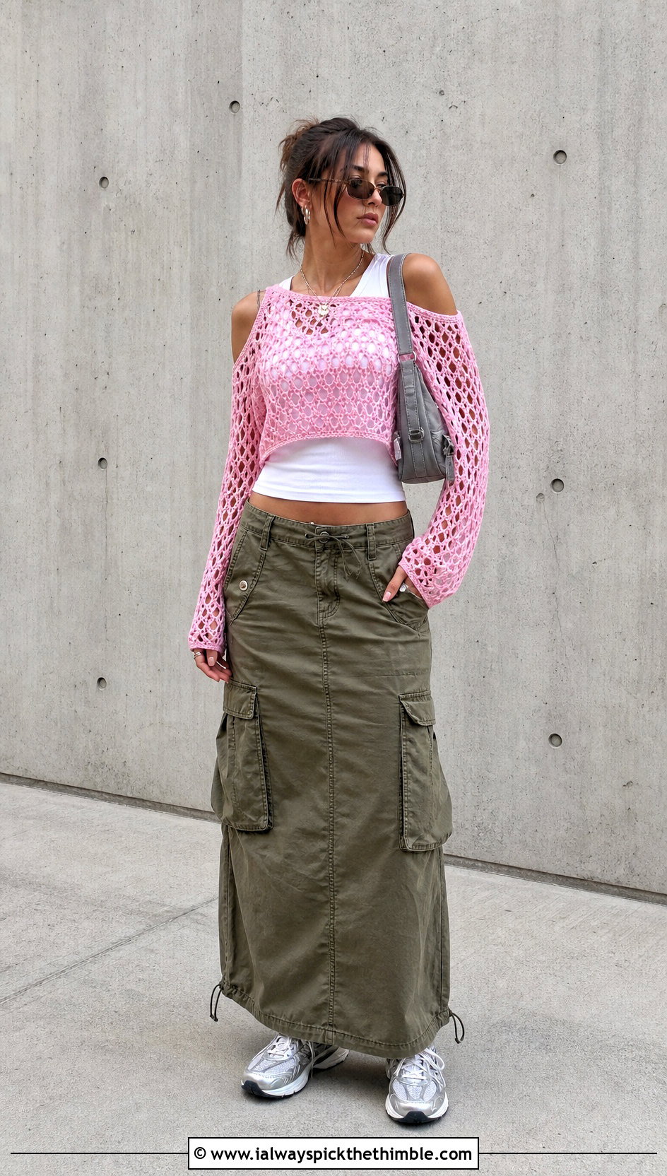 Open Stitch Crochet Cold Shoulder Top With Cargo Maxi Skirt - 25 crochet cold shoulder top outfit ideas