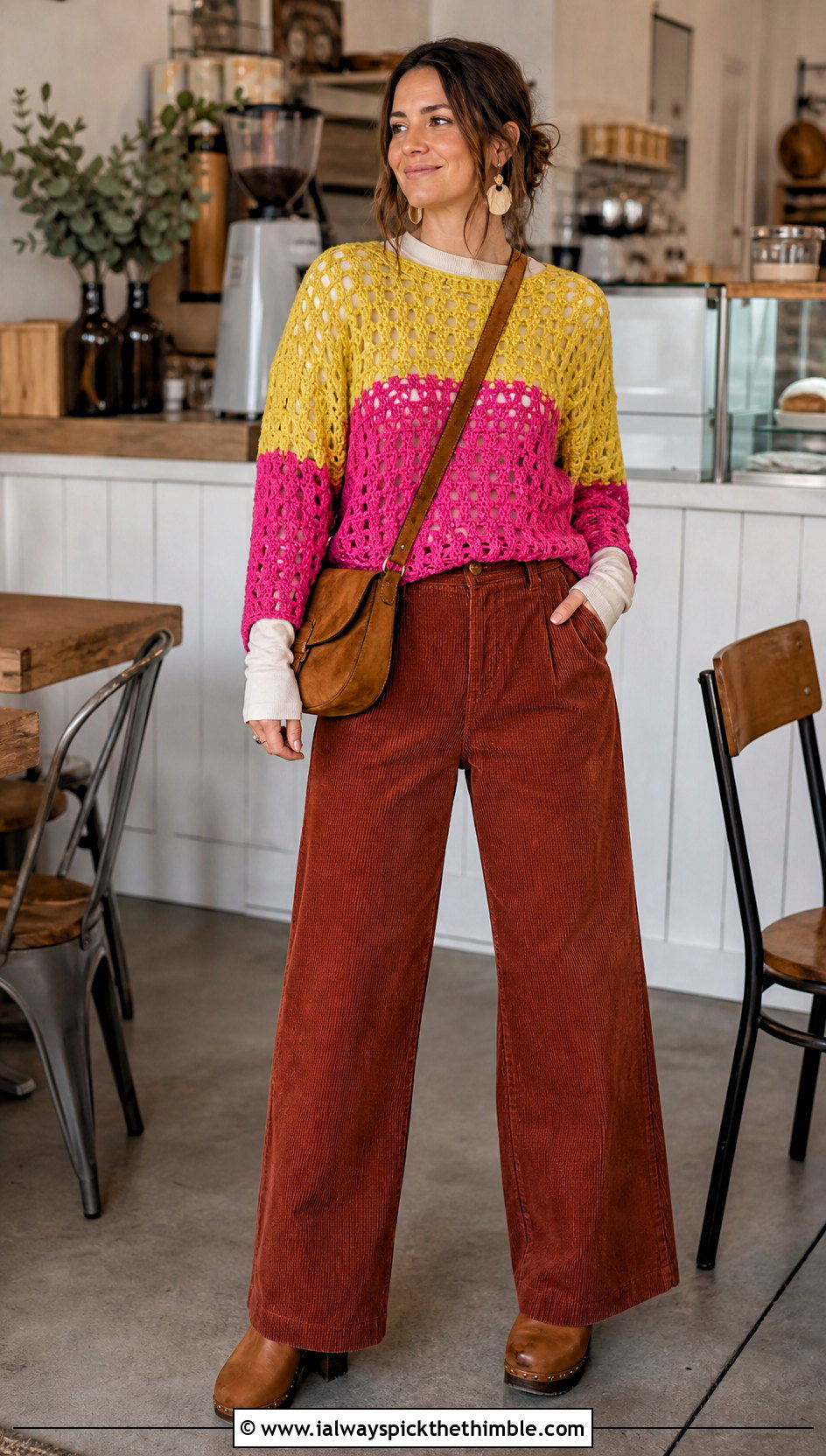 Open Stitch Crochet Colorblock Sweater With Corduroy Pants - 20 crochet colorblock sweater outfit ideas