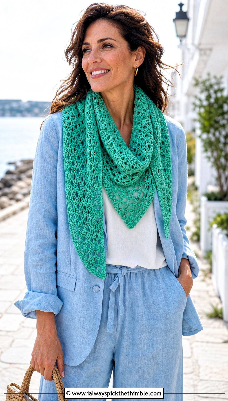Open Stitch Crochet Cowl Scarf With Linen Suit - 25 crochet cowell scarf outfit ideas