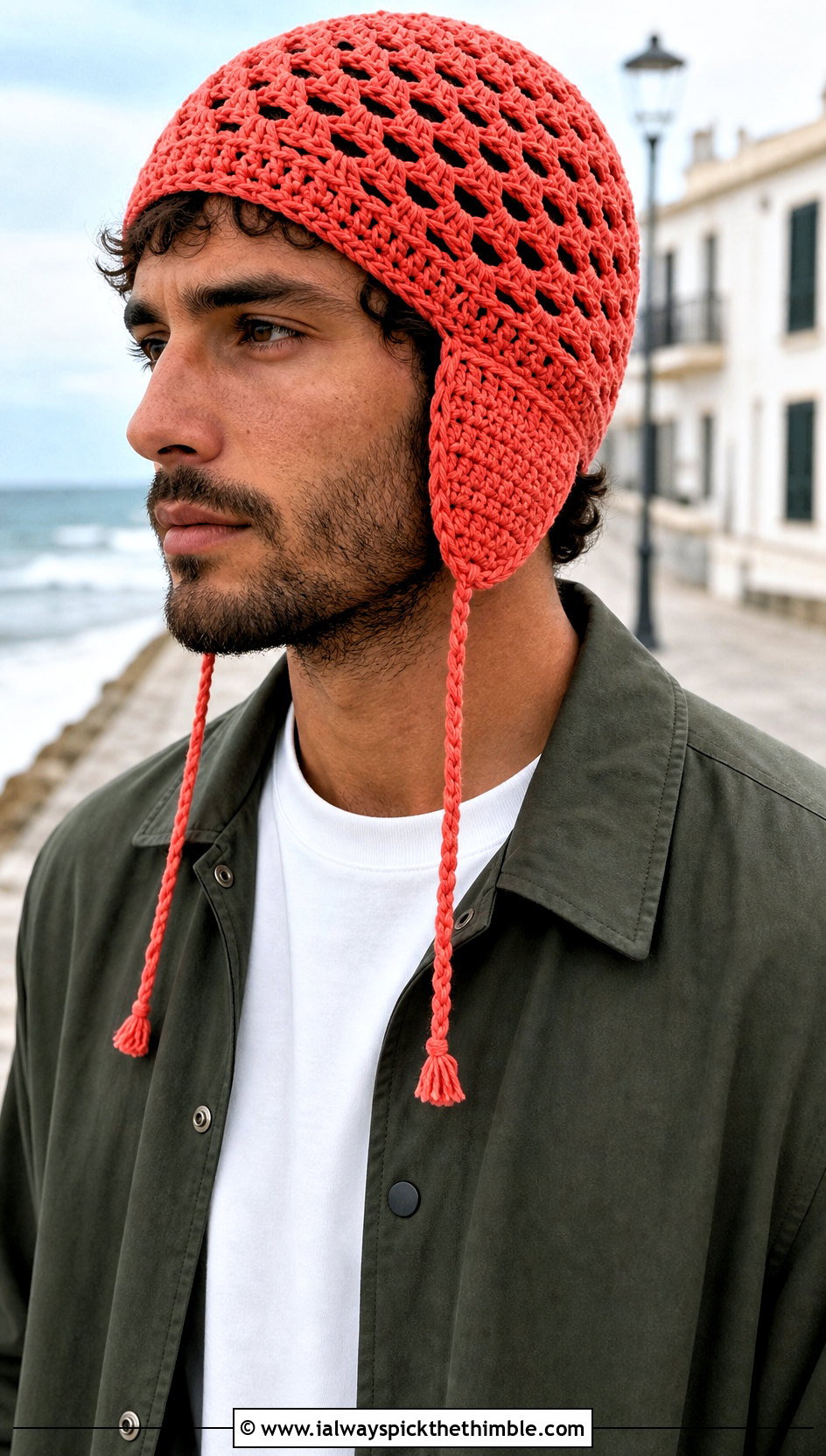 Open Stitch Crochet Earflap Hat With Coach Jacket - 20 Mens Crochet Earflap Hat outfit ideas